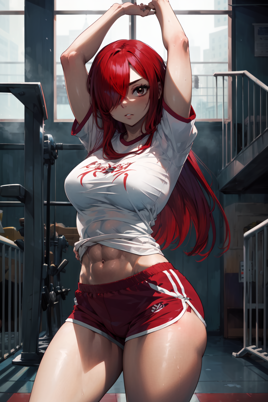 masterpiece,best quality,1girl,(solo),mature female,erza scarlet,hair over one eye,red hair,thick thighs,(muscular),gym sh...